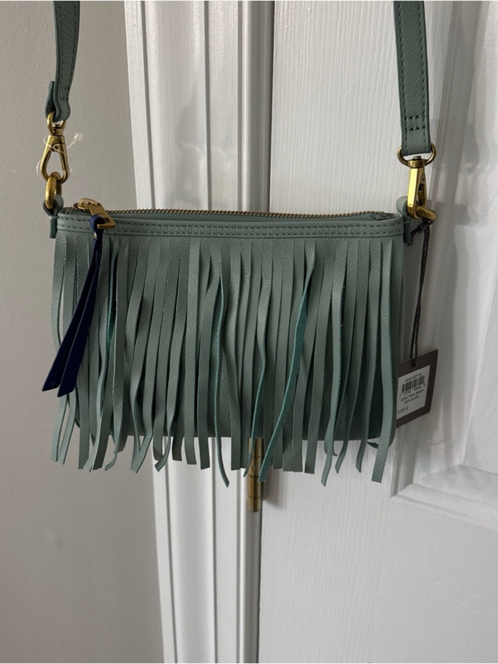 Fossil Sage Green Leather Crossbody with Navy Tassel